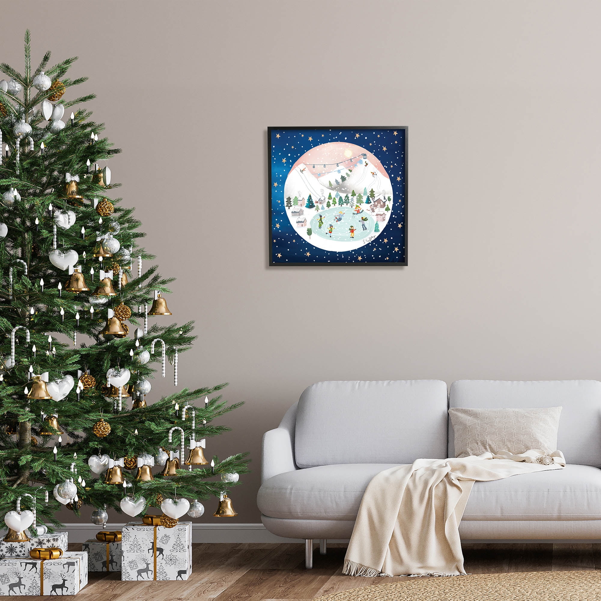 Stupell Industries Ice Skating Christmas Snow Scene Holiday Painting Black Framed Art Print Wall Art