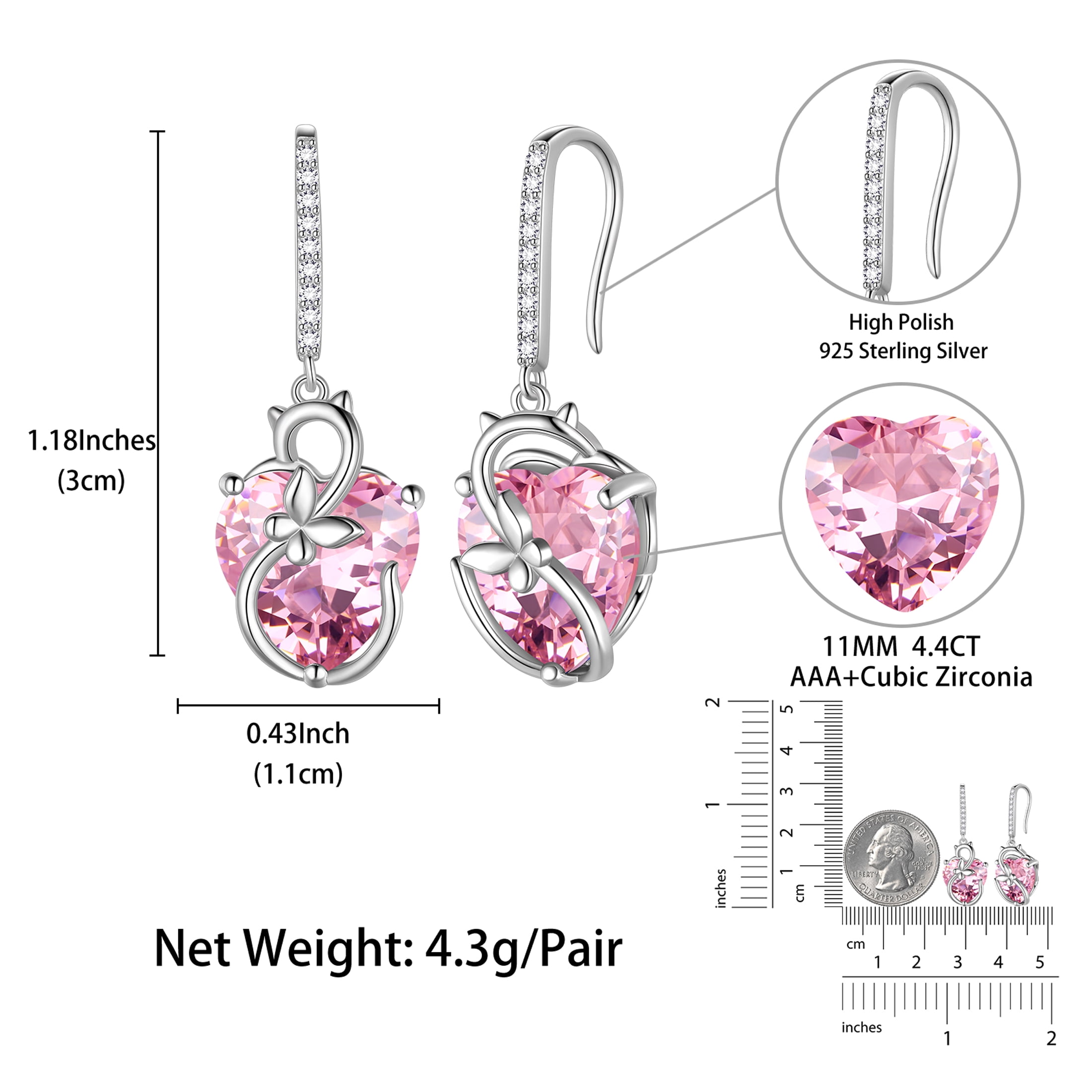 Juwaliy Cat Butterfly Earrings for Women 925 Sterling Silver Earrings Dangle Hook Pink Heart Tourmaline October Birthstone Jewelry Mother Christmas Valentine's Day Gifts for Wife Girlfriend