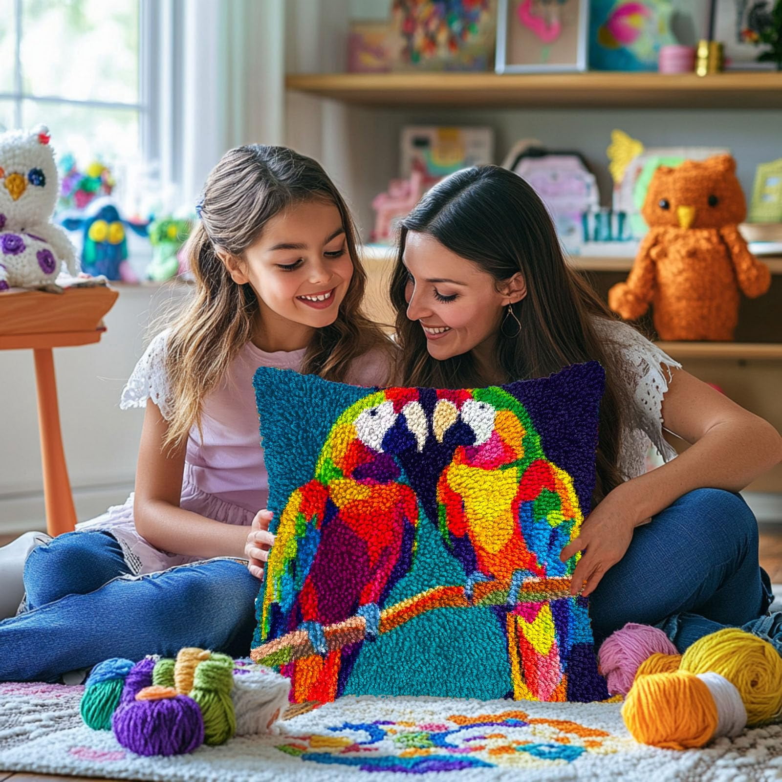 A Pair of Parrot DIY Latch Hook Pillow Kits for Adults Printed Pillowcase Crochet Yarns Hooking Handmade Pillow Cover Cushion for Home Sofa Decoration 17x17inch