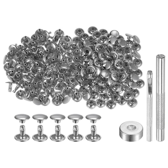 Unique Bargains 100 Sets Leather Rivets 8 x 9mm Metal with 3 Setter Tools, Silver Tone