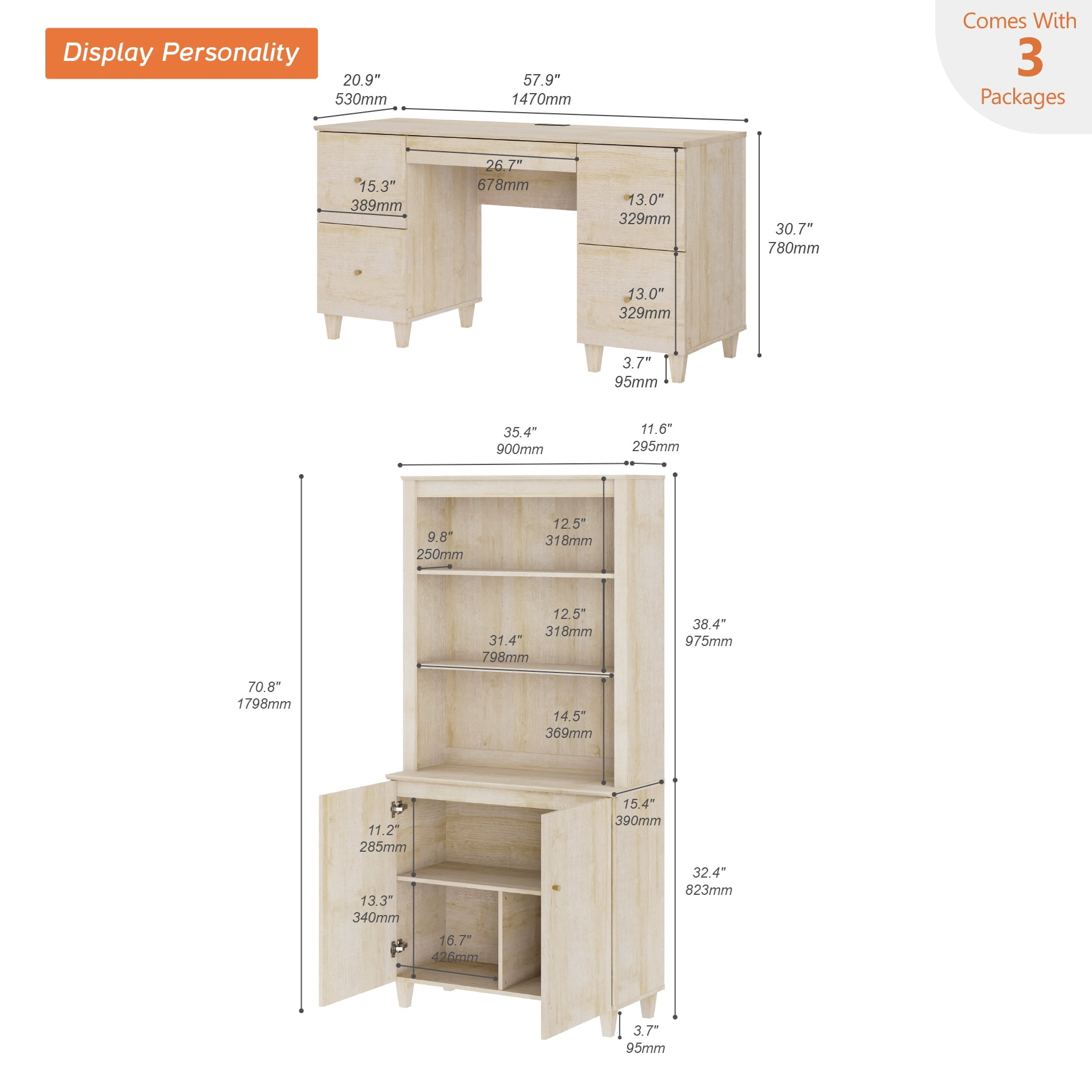 WAMPAT Home Office Furniture Set, 58" Executive Desk with Charging Station and Drawers, 71" Tall Bookcase with Doors and Adjustable Shelves for Living Room, Natural Oak