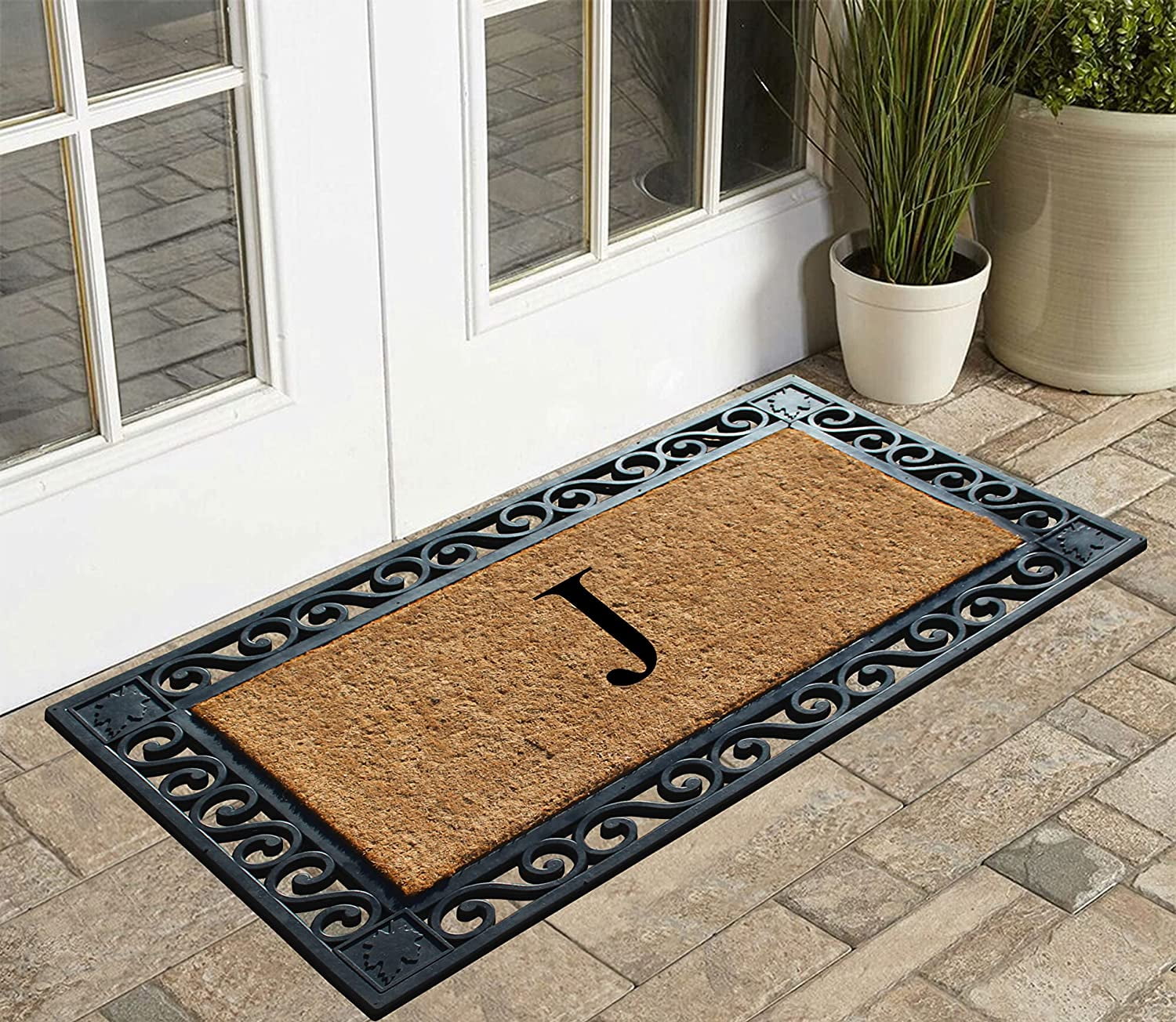 A1HC Natural Coir and Rubber Paisley border Monogrammed Doormat, Anti-Shed Treated Durable for Outdoor Entrance , 23"X38", Black