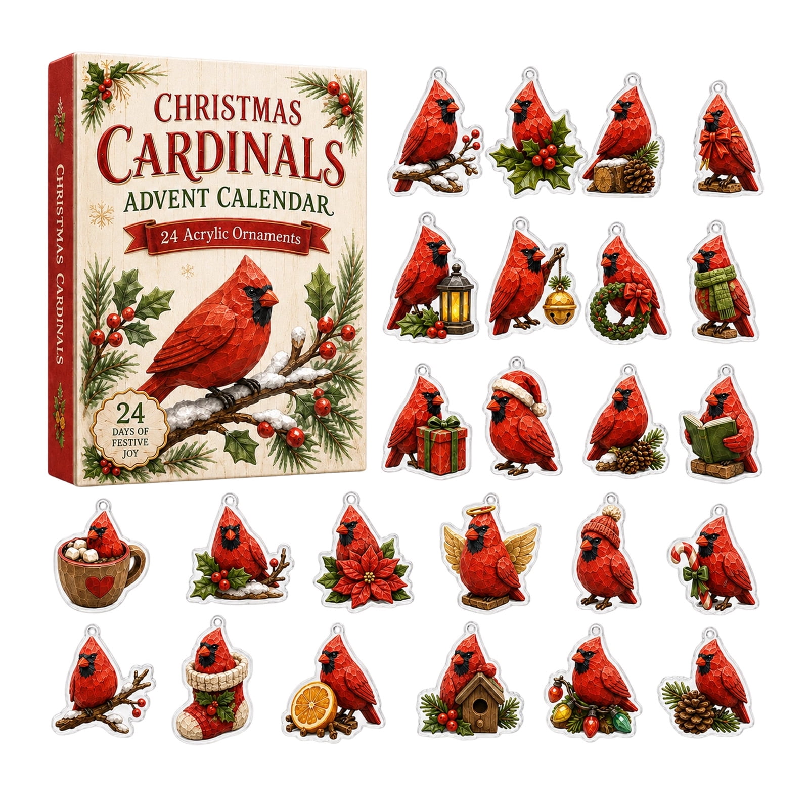 Christmas Ornaments 2D Flat Acrylic Hanging with Red Bird Charms for Blind Box and Xmas Tree Decorations for Holiday Party Gift Exchange and Home Display with 24 Pcs Multicolor_#1