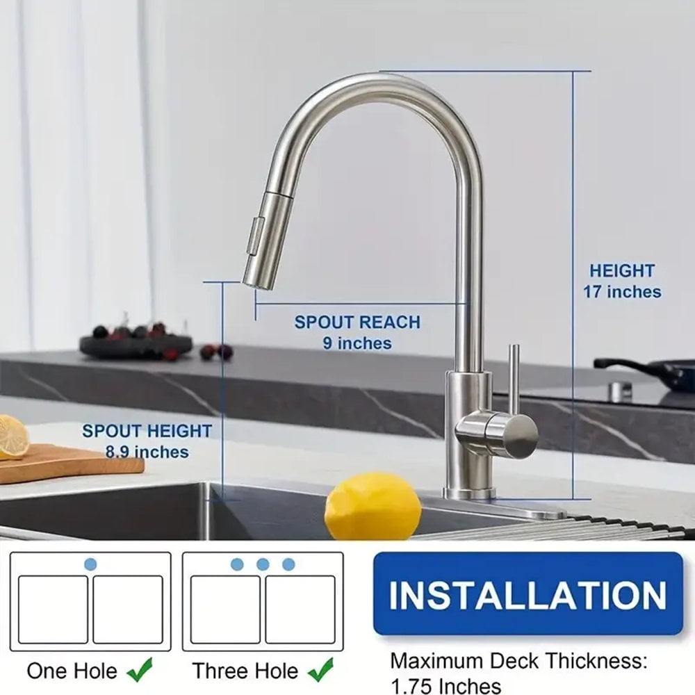 Brushed Nickel Kitchen Sink Faucet Pull Down Sprayer Single Handle Swivel Mixer