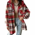 thumbnail image 3 of Elabch Womens Long Sleeve Button Down Plaid Shirts Flannel Hooded Shacket Jacket Hoodie Coats with Pocket Wine L, 3 of 7