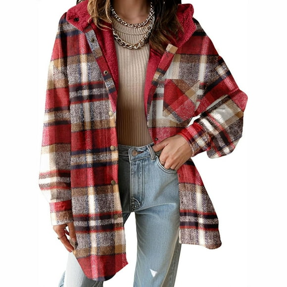 Amzcrzy Fleece Jacket Women Women Fall and Winter Lattice Splice Pocket Buttons Long Sleeve Casual Hooded Coat Outwears Warm Jackets for Women Jackets for Women Womens Long Sleeve Tops Womens Jacket