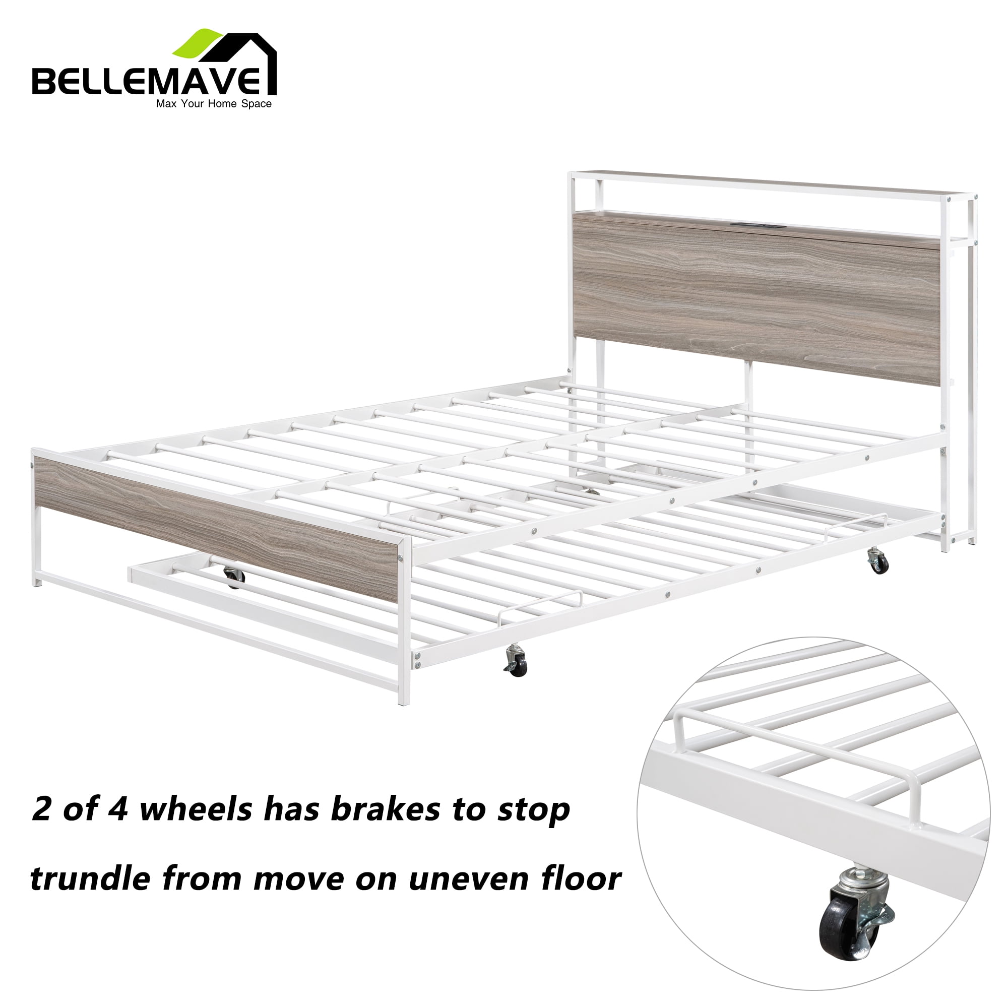 Bellemave Queen Platform Bed Frame with Twin Size Trundle, Usb Ports and Storage Shelf, Metal Queen Bed Frame with Headboard, Noise-Free, No Box Spring Needed(White)