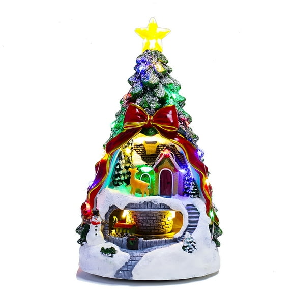 LAMIRO Musical Christmas Tree Resin Tabletop Decoration with Rotating and Multicolored Led Lights for Home Holiday Atmosphere and Gift Giving