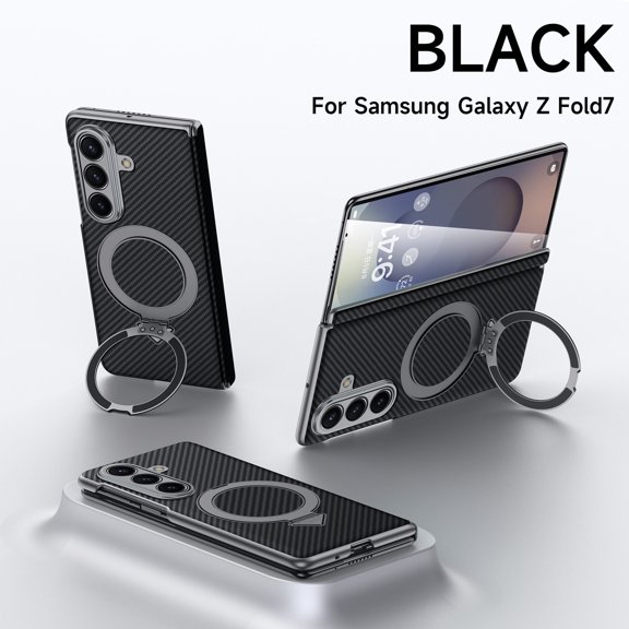 Magnetic Case for Samsung Galaxy Z Fold 7, All-Inclusive Hinge Protection Shockproof Carbon Fiber Pattern Case with Metal Ring Kickstand Case Cover for Samsung Galaxy Z Fold 7, Black