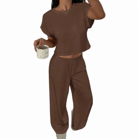 Summer 2 Piece Outfits Short Sleeve Crop Top High Waist Wide Leg Pants Sets