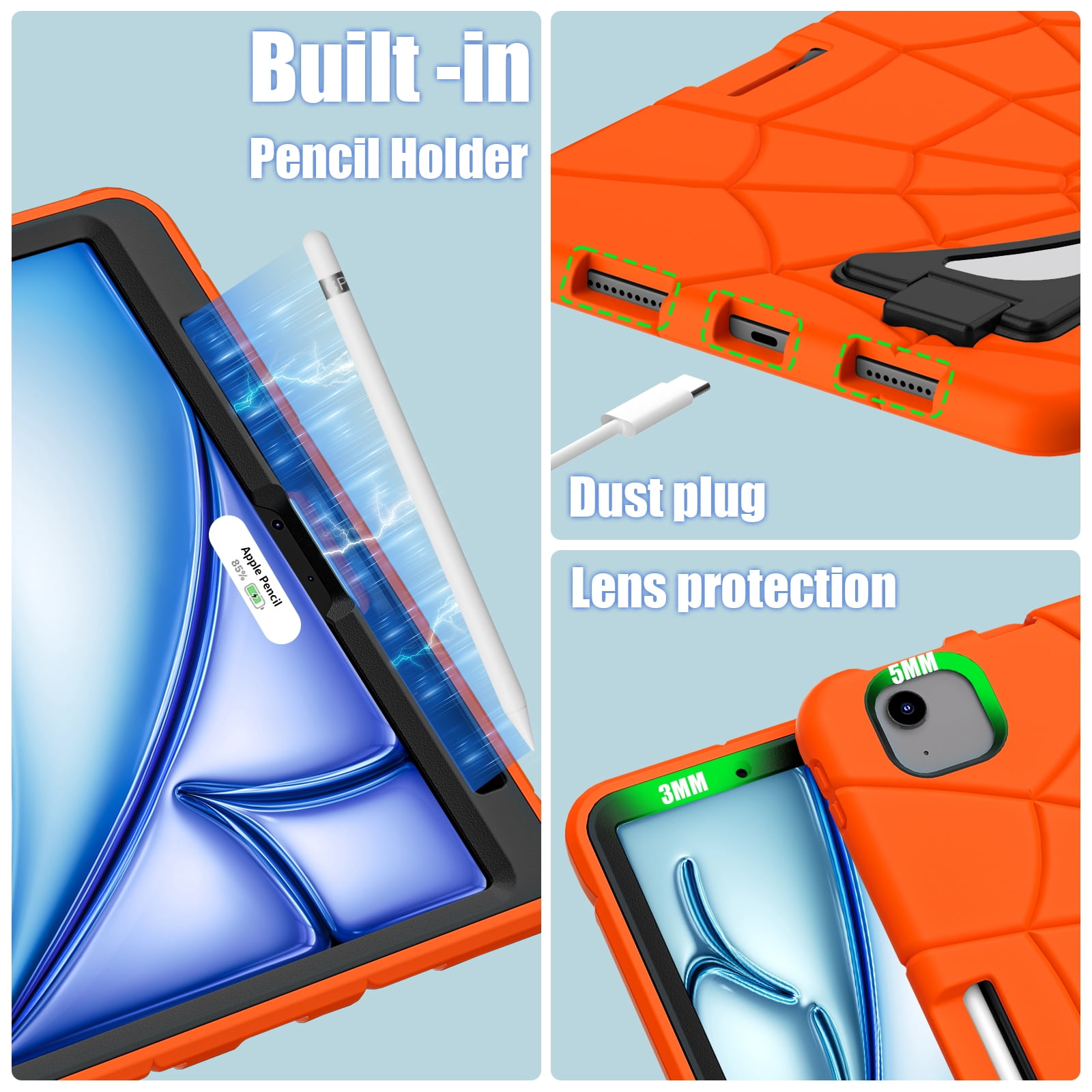 Allytechgroup iPad Pro 11 2024 Case, Cute Stylish Design Kids Friendly Rugged Kickstand Lightweight Silicone PC Case with Pencil Holder for Apple iPad Pro 11 Inch 2024, Orange+Black