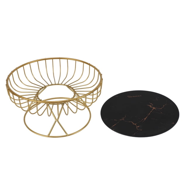 Cesta de fruta redonda de gran capacidad, soporte de cuenco de fruta de metal hueco para postre, aperitivos, pan L, fondo negro con rayas doradas