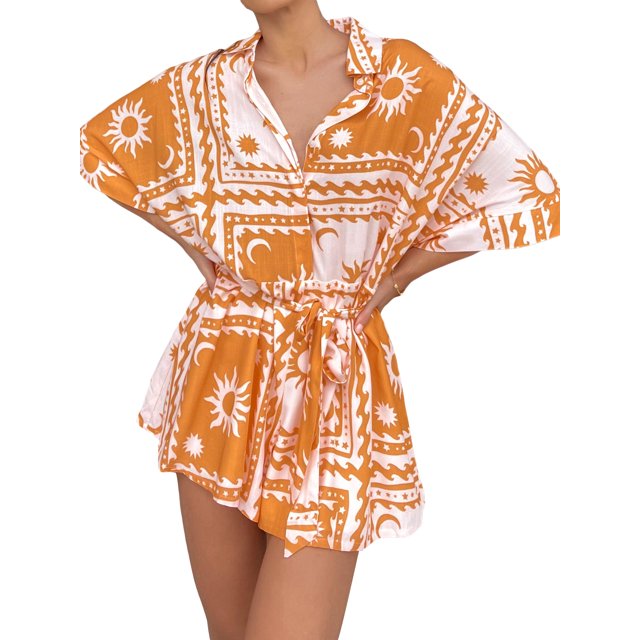Mialoley Femmes Été Short Combinaison Coeur/arbre/point Imprimé Manches Revers Bouton Dwon en Vrac Rompers