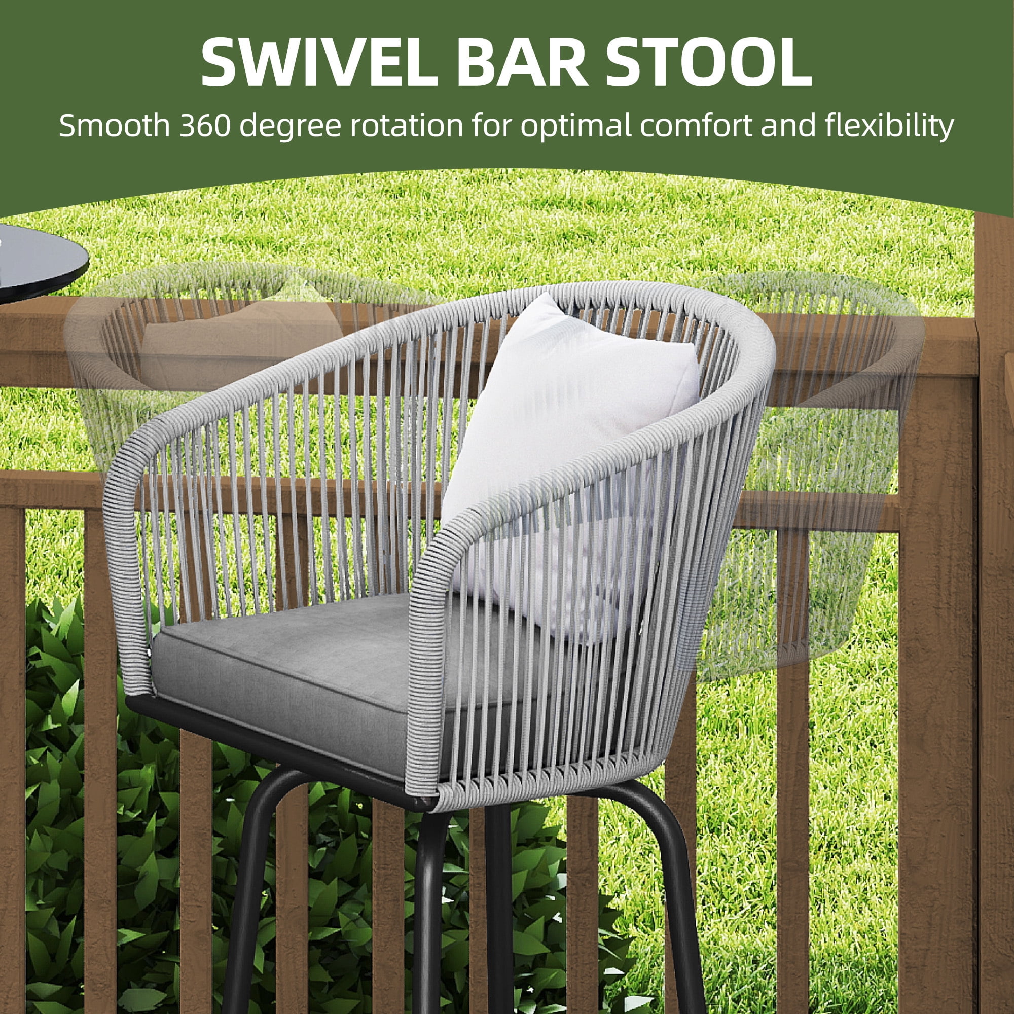 Uforic Patio Bar Stools Set of 2, Counter Height Swivel Bar Stools with Cushions, Outdoor Rattan Chairs for Backyard, Balcony, Deck, Lawn and Indoor Use, Gray