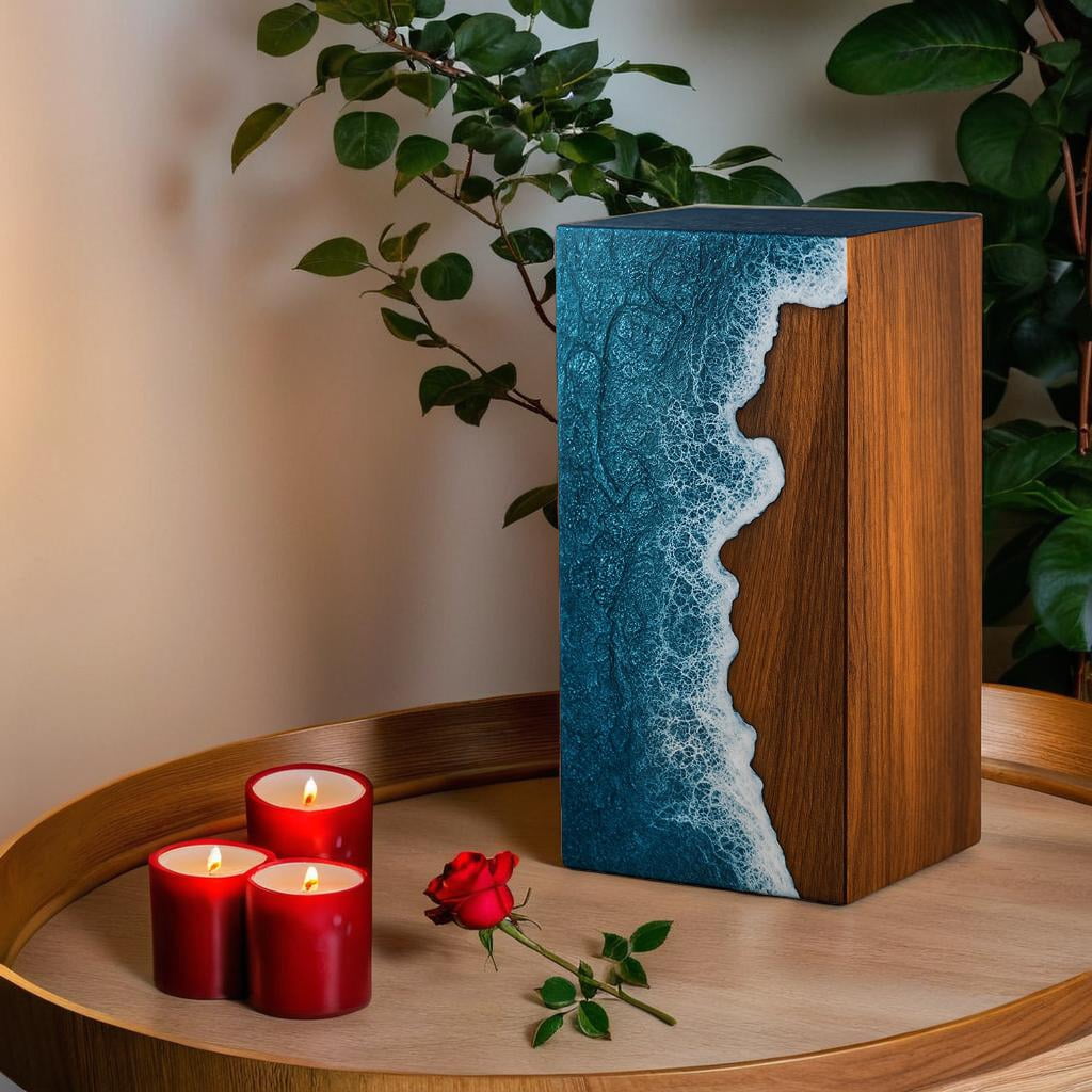 Wooden Urns for Human Ashes Adult Cremation Urns for Human Ashes Ocean Wave Design Wooden Urn Box Memorial Cremation Urn Box for Human & Pet Ashes