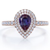 JeenMata Pave Design 1.5 Carat Pear Cut Lab Created Alexandrite and Moissanite Dual Halo Engagement Ring in 18K Rose Gold Plating over Silver