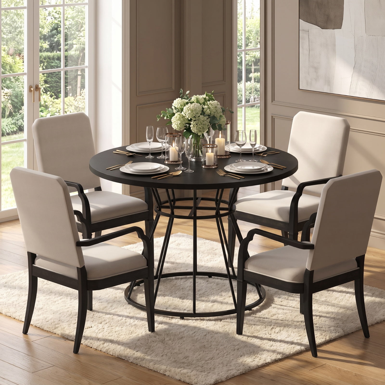 Furnibear 47 Inch Round Farmhouse Dining Table for 4 with Wooden MDF Tabletop