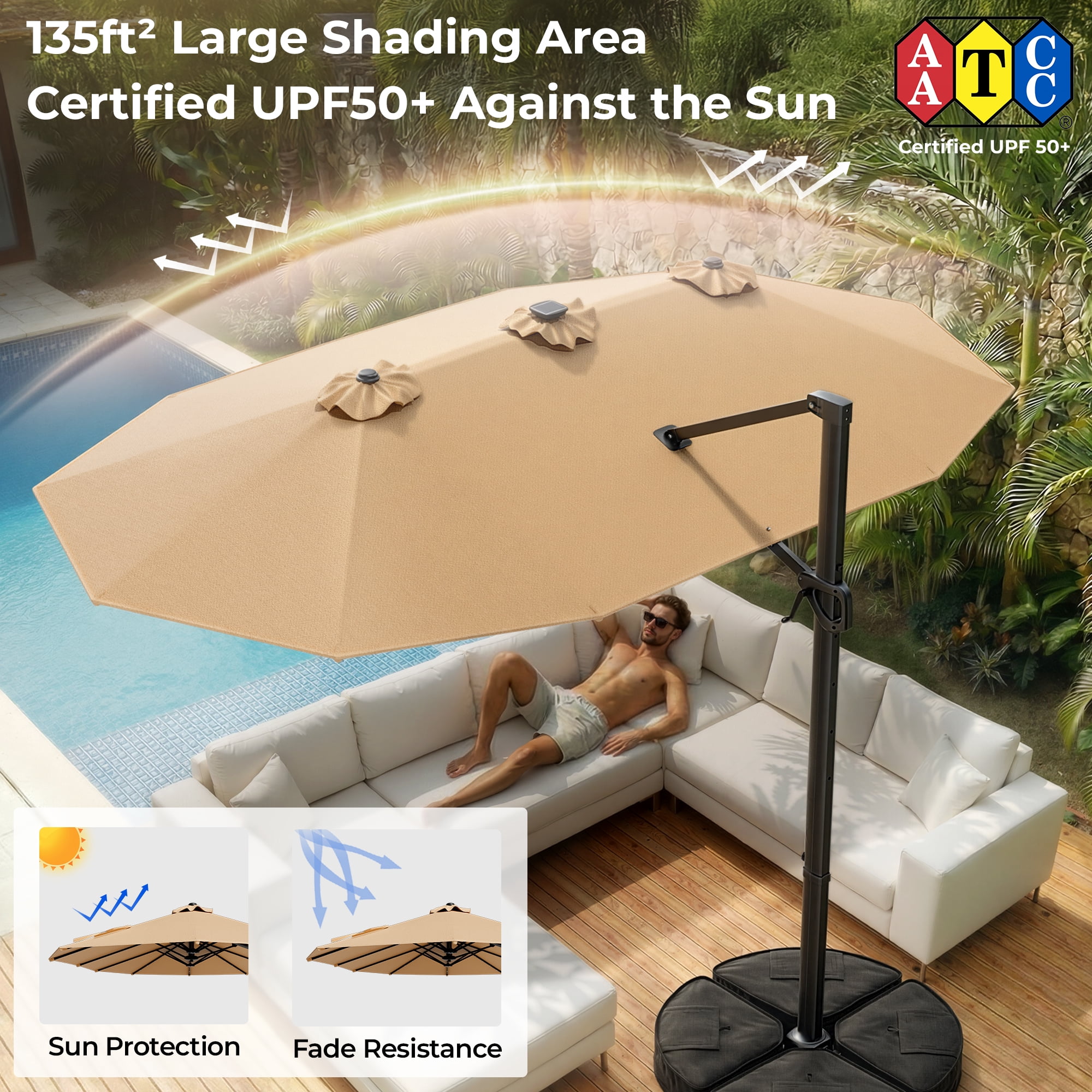 15FT Cantilever Patio Umbrella with LED Lights, 360°Rotation Large Double Sided Rectangular Outdoor Umbrella for Garden, Backyard, Pool, Deck, Beige(with Base)
