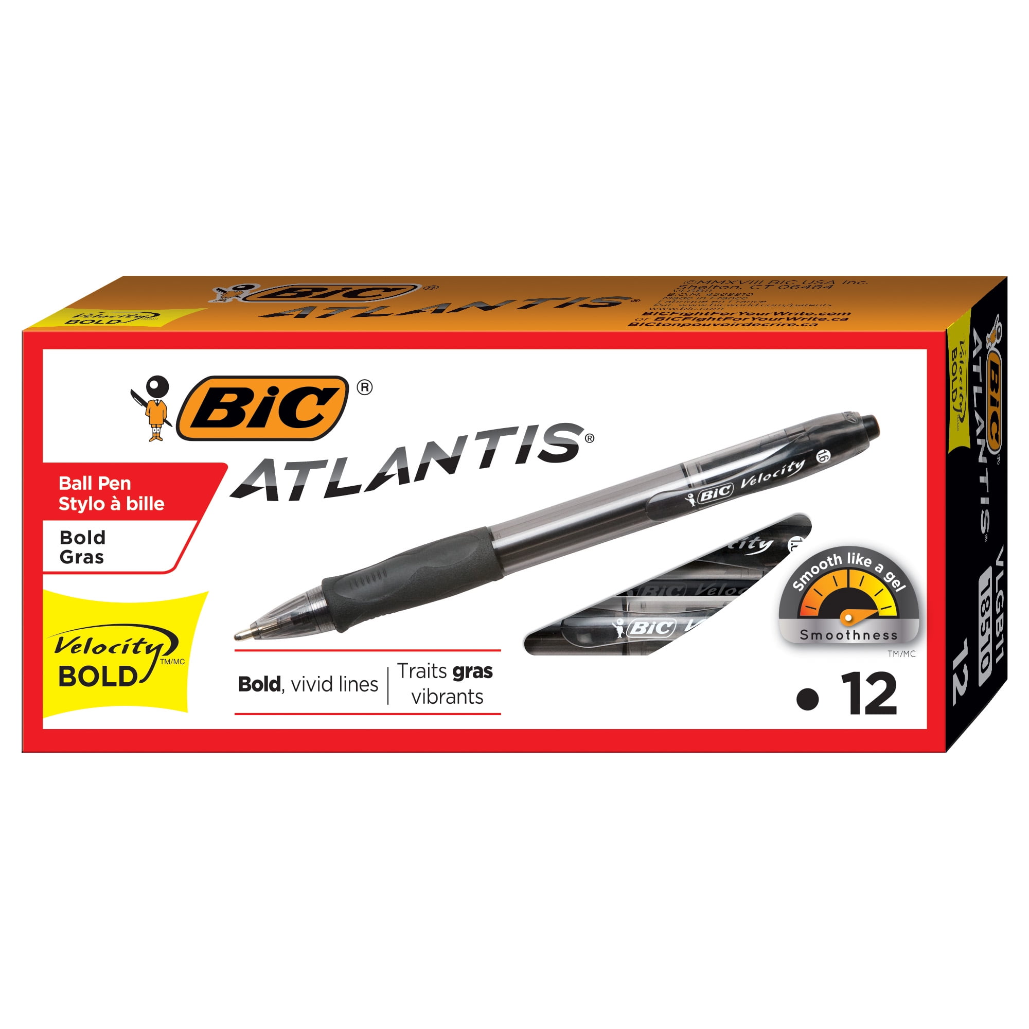 BIC Atlantis Velocity Bold Retractable Ballpoint Pen, Bold Point (1.6 mm), Black, 12 Count