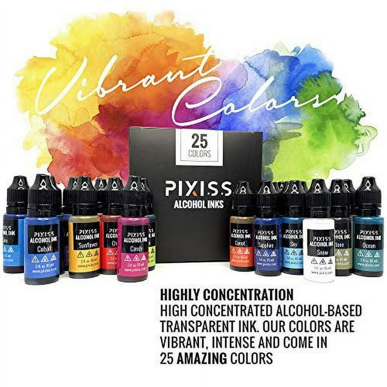Pixiss Alcohol Ink Set - 25 Large Highly Saturated Colors 15ml/.5oz Alcohol-Based Inks for Resin Petri Dishes, Alcohol Ink Paper, Tumblers, Coasters