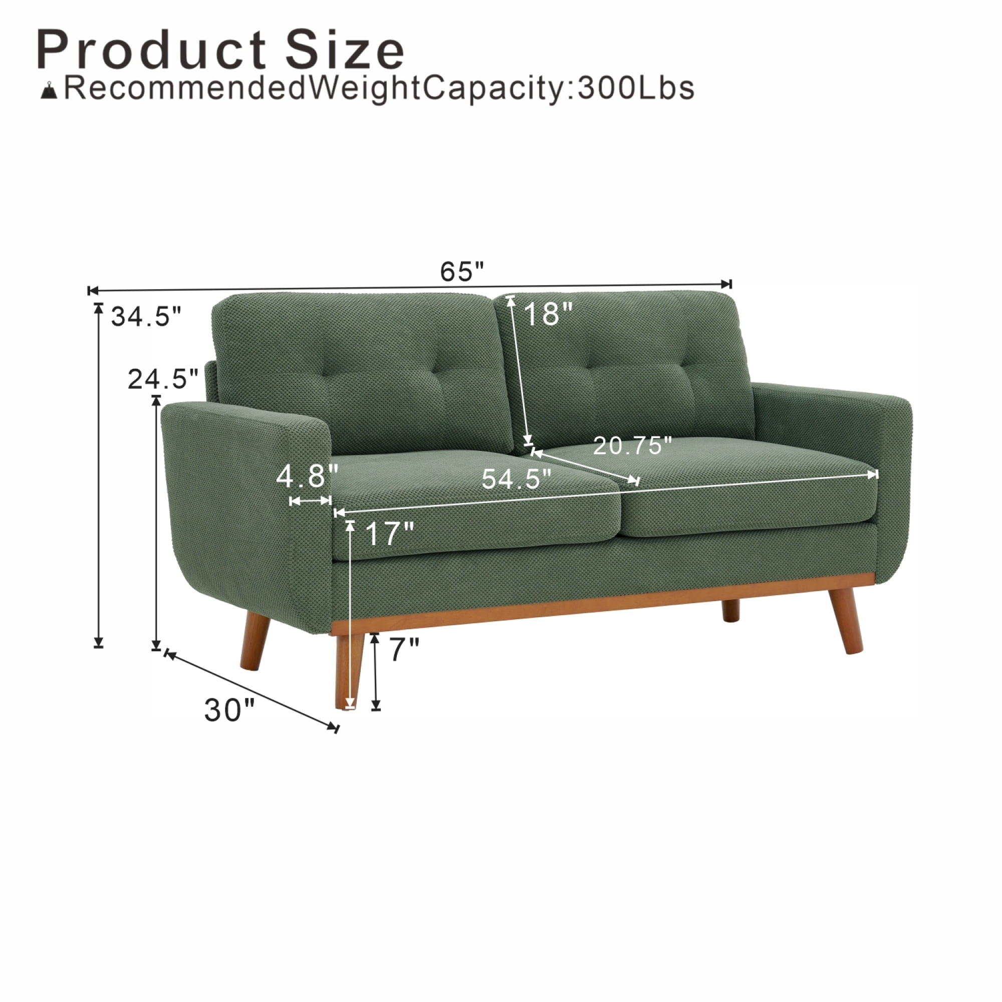 Leumius 65" Modern 2-Seater Sofa Upholstered Loveseat Sofa Couch with olid Wood Legs for Living Room,Apartment,Bedroom,Dark Green
