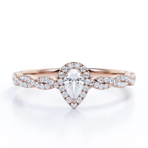 JeenMata Anillo de Compromiso con Pavé de Semi Infinito y Engaste de Halo de 3 Puntas con Diamantes Talla Pera de 0,5 Quilates, Oro Rosa de 10 K