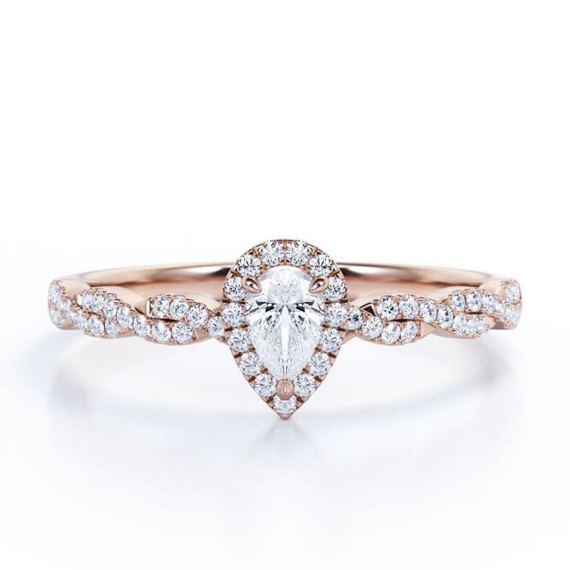 JeenMata Anillo de Compromiso con Pavé de Semi Infinito y Engaste de Halo de 3 Puntas con Diamantes Talla Pera de 0,5 Quilates, Oro Rosa de 10 K