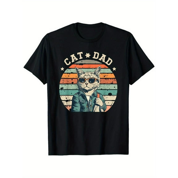 Cat Graphic Tee Retro T-Shirt Top Fashion Casual Short Sleeve Round Neck Cotton Black S-5XL