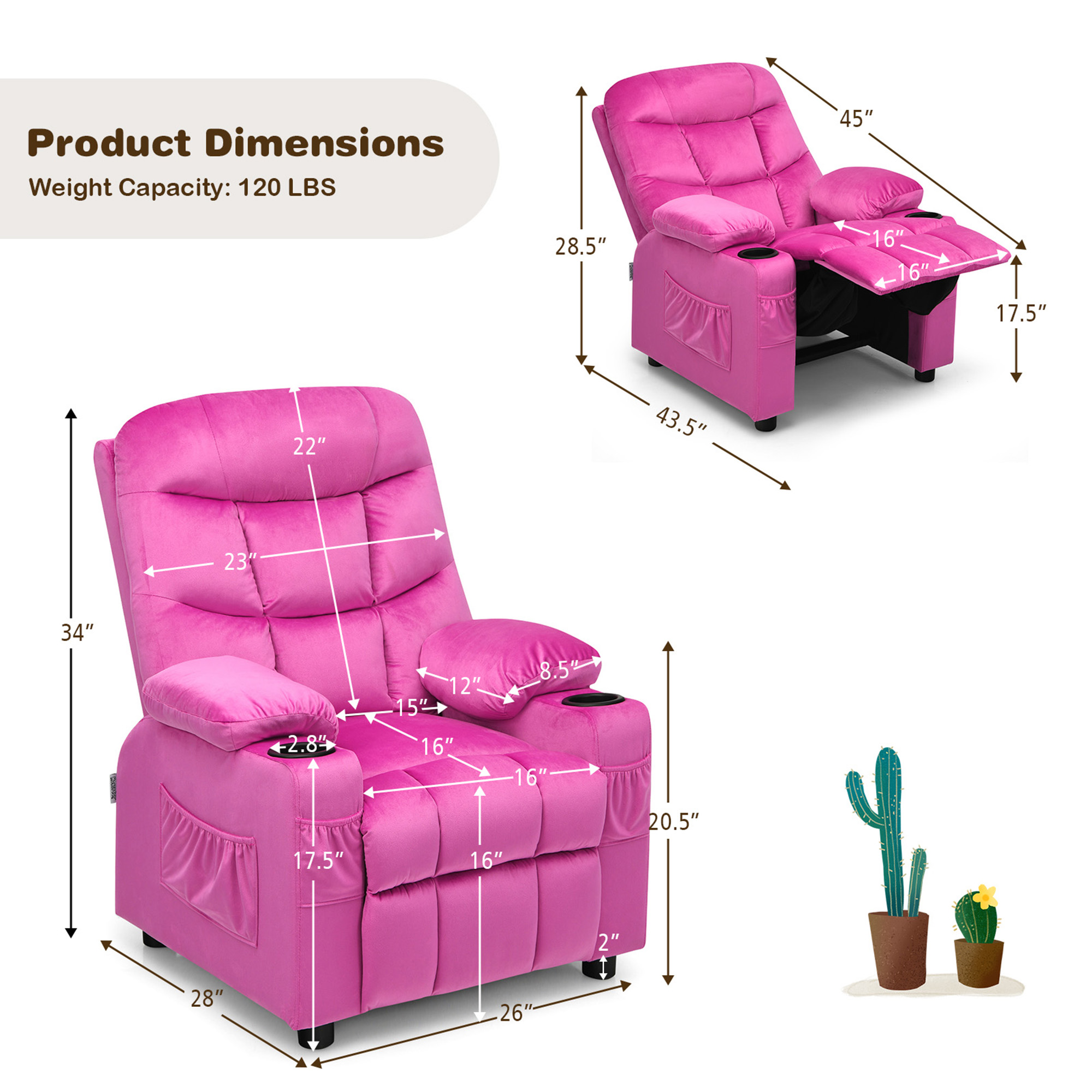 Gymax Kids Youth Recliner Chair Velvet Fabric w/Cup Holder & Side Pocket Pink