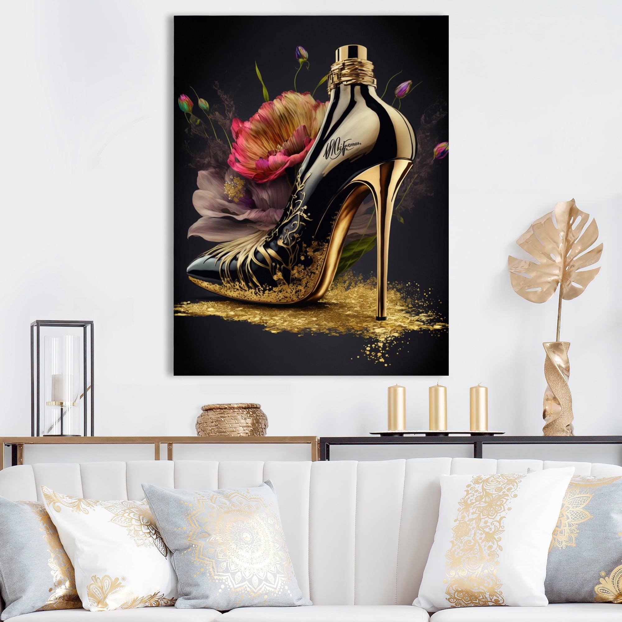 Designart Golden Floral High Heel I Canvas Wall Art