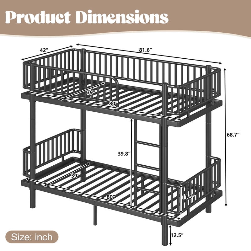 Twin XL-over-Twin XL Teens Bunk Bed Can Transformed into 2 Platform Beds, Metal Kids Bed Frame with Round-Pipe, Ladder & Guardrails