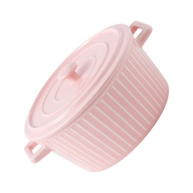Maytalsory Two Ear Noodles Bowl Ceramic Serving Plate Line Pattern Dinnerware Soup Food Baking Container Tableware Home Kitchen Gadgets Pink