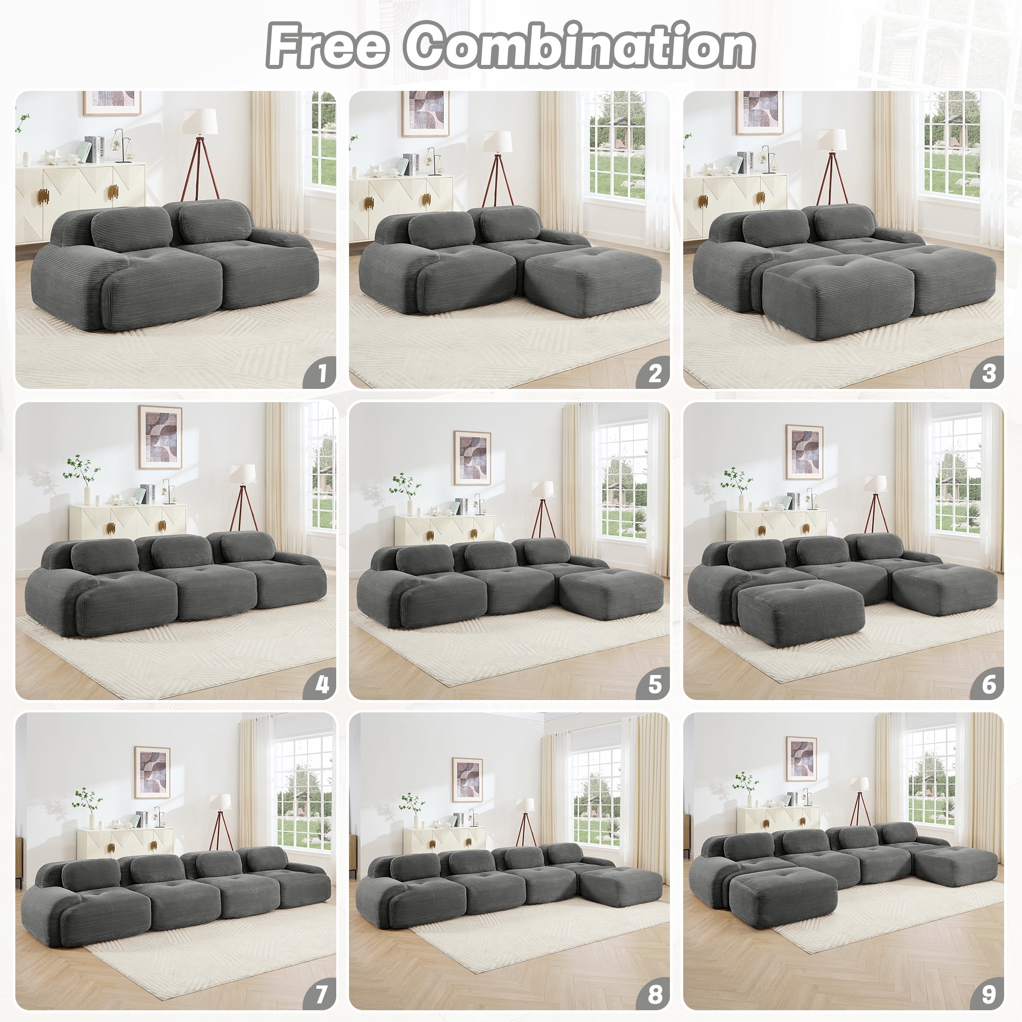 Aukfa 117" Modular Sectional Sofa Overstuffed Boneless Couch, 3Pillows, No Assembly, Corduroy, Cray
