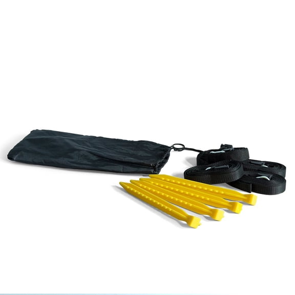 Basic Tent Stake Kit – Includes Black Nylon Draw-String Bag with String Cord Lock, 4X 9in Yellow PVC Stakes, 4X 13ft Black Nylon Webbing Sections with Carabiner and Length-Adjusting Clip