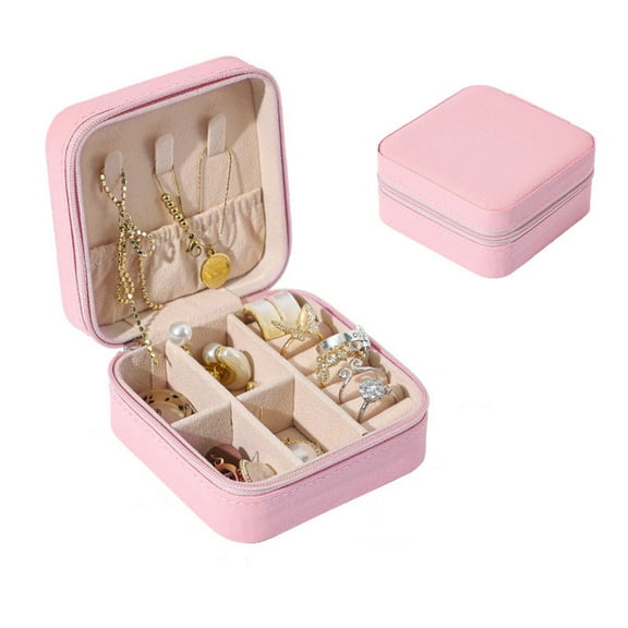 Knubmt Leather Small Portable Jewelry Organizer Box Mini Jewelry Travel Case Portable Jewelry Storage Box for Rings Earrings Necklaces, Light Pink