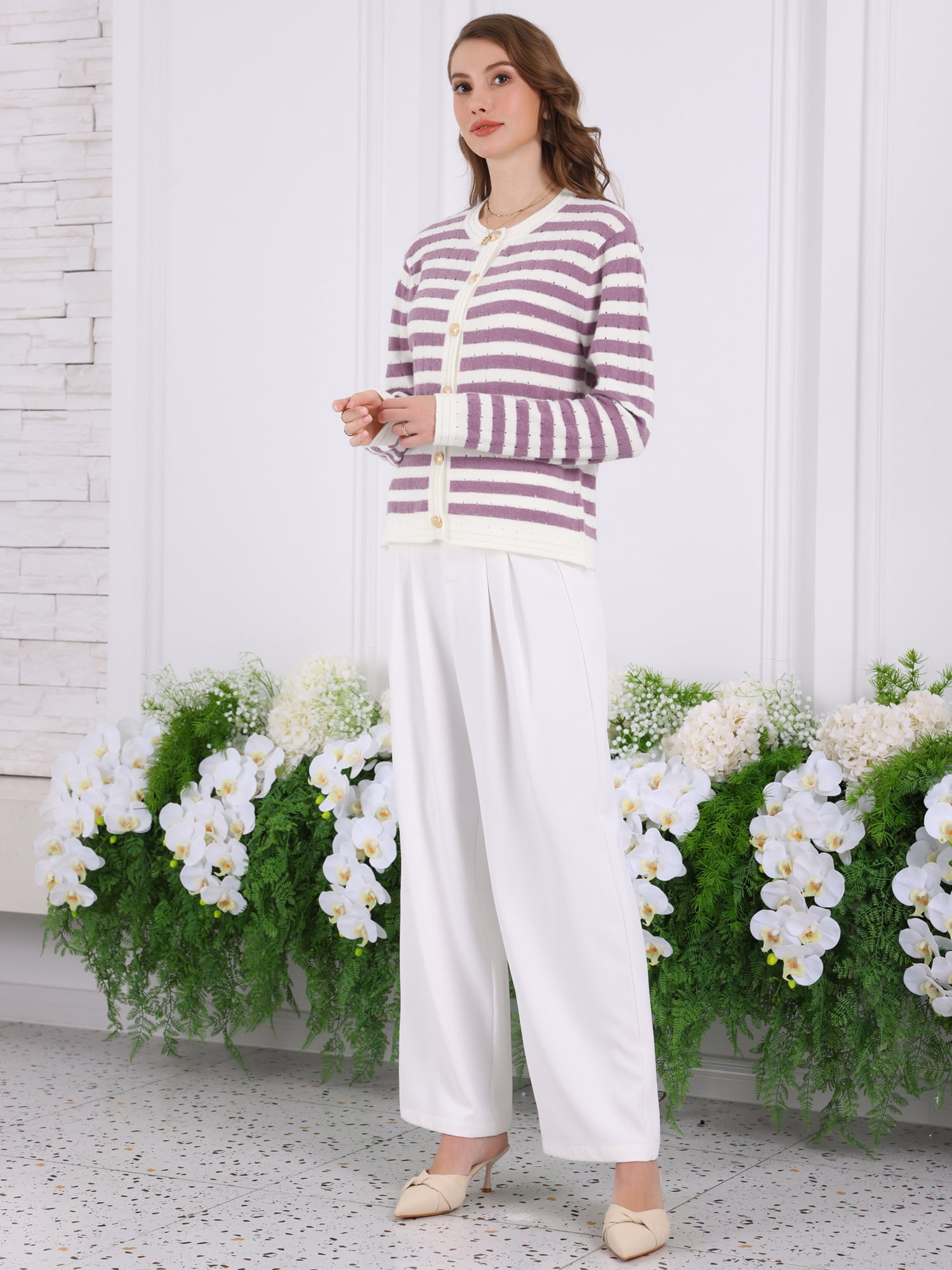 DARING DIVA Women's Striped Knit Long Sleeve Button Down Cardigan S Purple