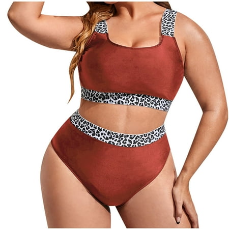 LYXSSBYX Bikini Sets for Women Two Piece Women s Fashion Sexy Summer Plus Size Tank Top Solid Color Leopard Print High Waist Bikini Swimsuit