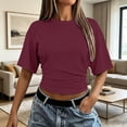 thumbnail image 2 of GZWYHT Womens Crewneck Short Sleeve Cinched Waist Ruched Tops Casual Slim Fitted Basic Shirts Workout Summer Clothes Red S, 2 of 7