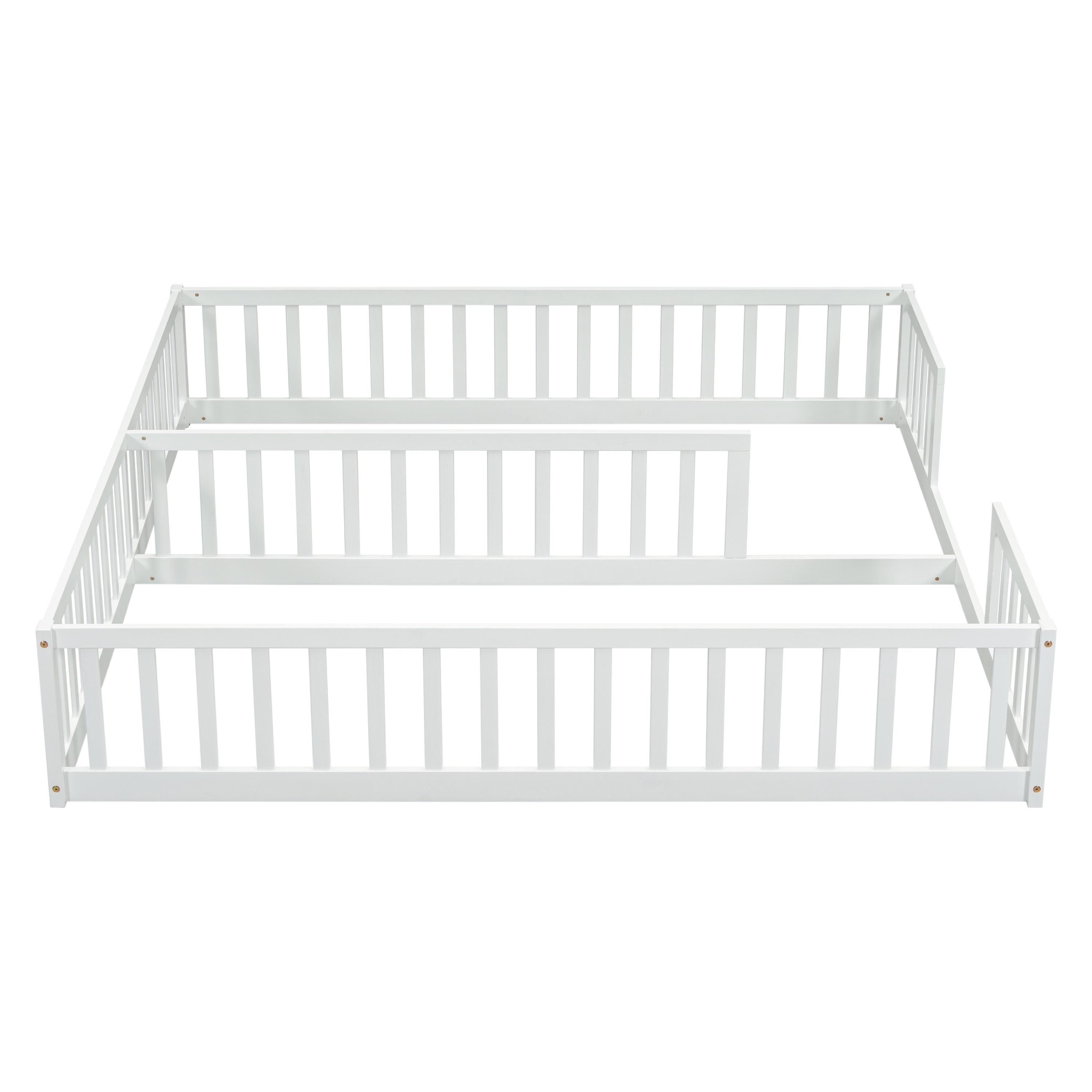 PORKISS Twin Size Floor Bed for Kids, Double Wood Montessori Bed Frame with Fence, White