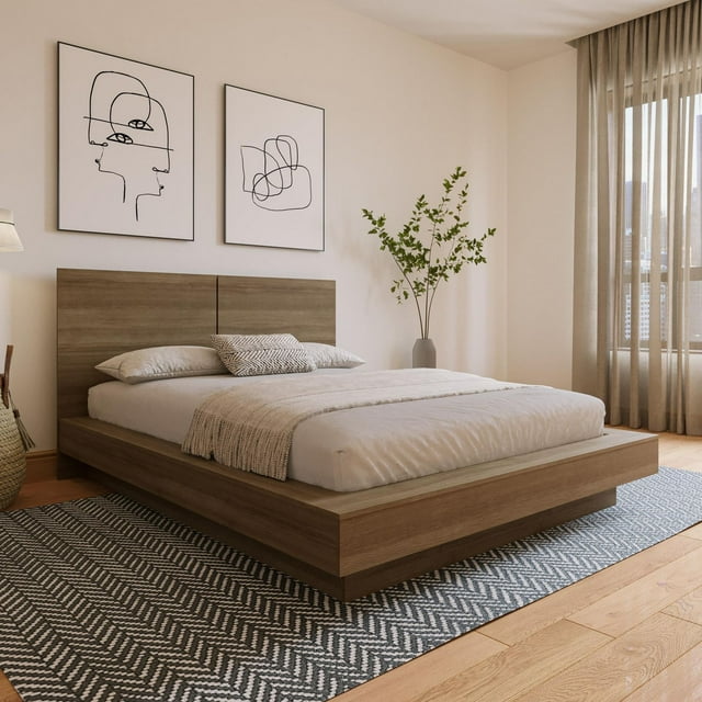 Nexera Napa queen size platform bed with wooden headboard, beige bedding, and decorative pillows in a bright room with abstract wall art and large window.