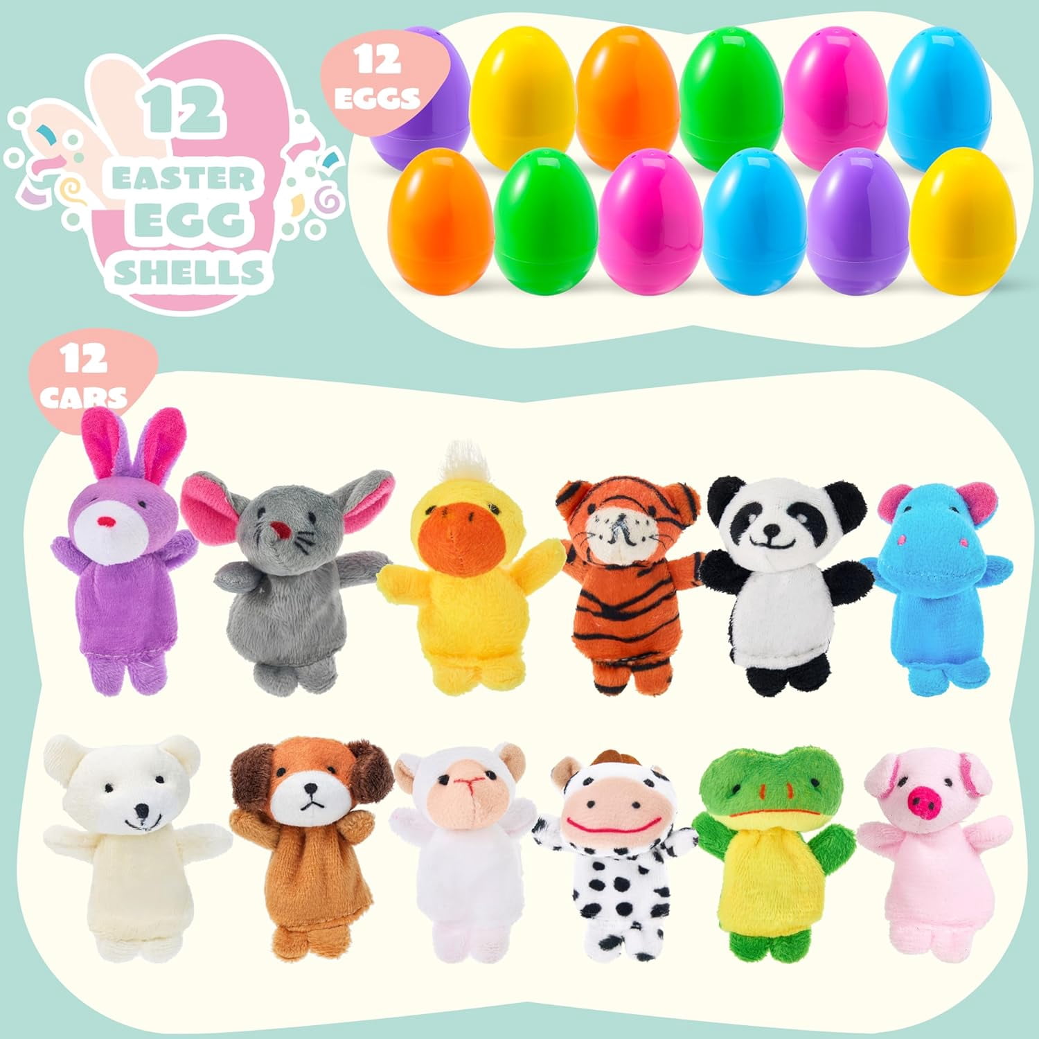 12 Prefilled Easter Eggs with Finger Puppet Toys, Plastic Easter Basket Stuffers for Toddlers and Babies, Easter Party Favors
