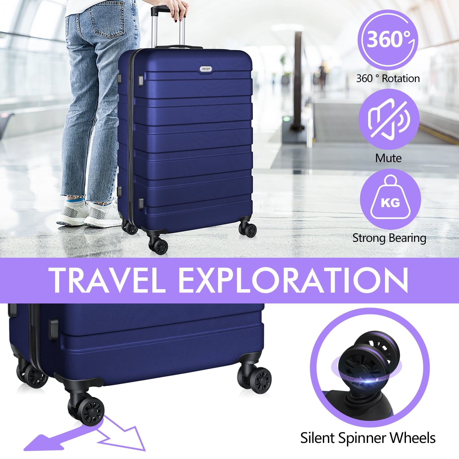 Luggage PC ABS Lightweight Suitcase with Wheels TSA Lock Hardshell Checked-Large Luggage 28 inch DarkBlue