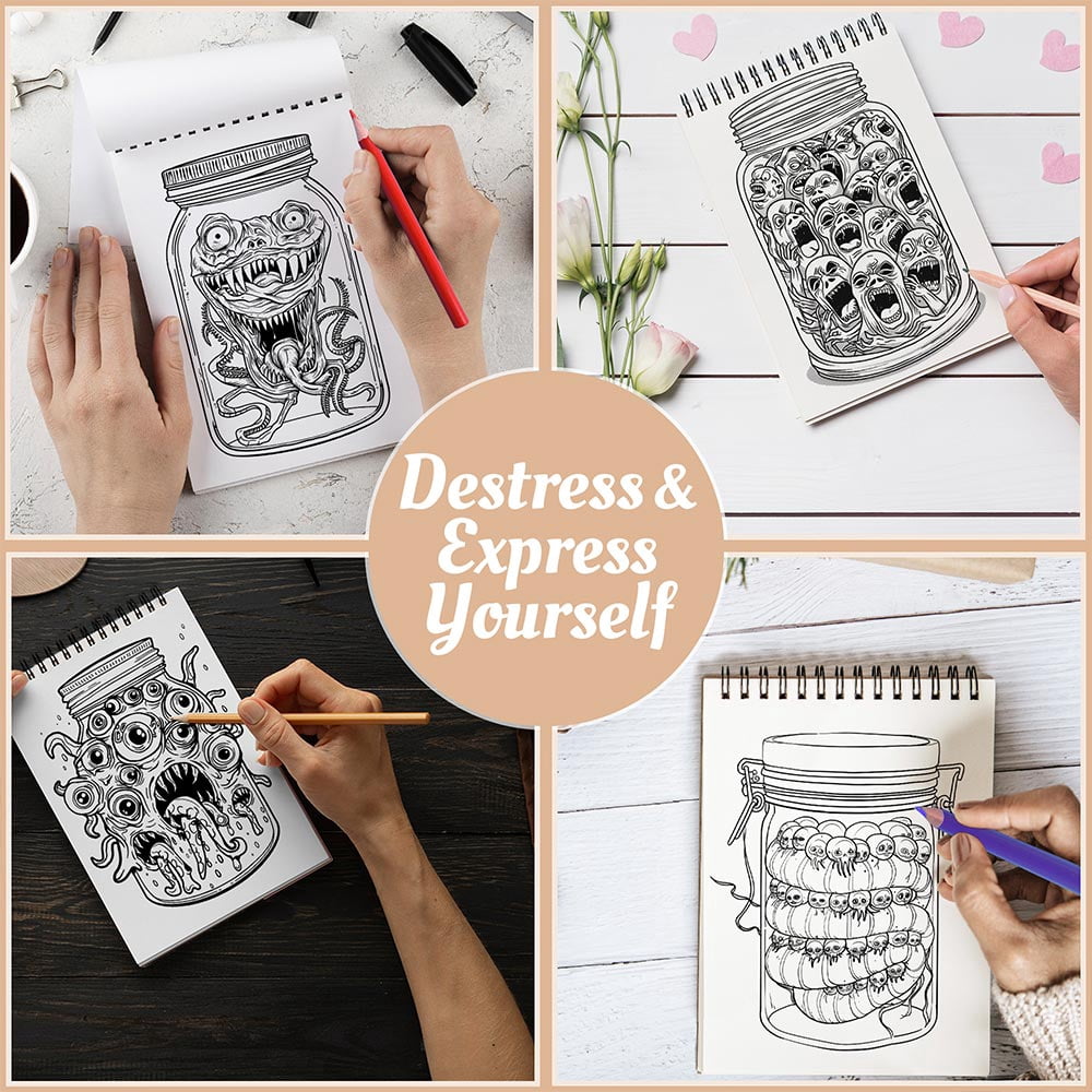 Netecom Spooky Jar Coloring Book for Adults, A5 Wooden Cover, 30 Haunting Coloring Pages of Magic Jars for Stress Relief and Relaxation, Spiral Bound Edition