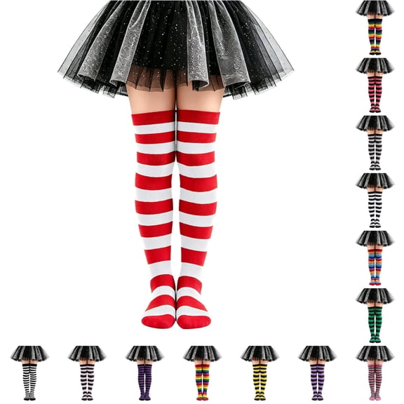 JAJAHO Kids Girls Halloween Socks Striped Thigh High Socks Over The Knee Long Stockings 6-12Y