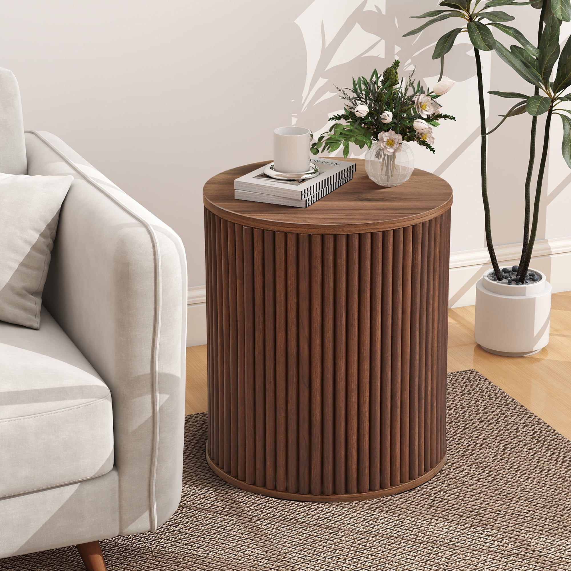 Wirrytor Round Side Table for living room, Fluted End Table for Small Spaces, Mid Century Modern Small Accent Tables, Bedside Table, Couch Side Table, Nightstand for Bedroom Couch,Walnut