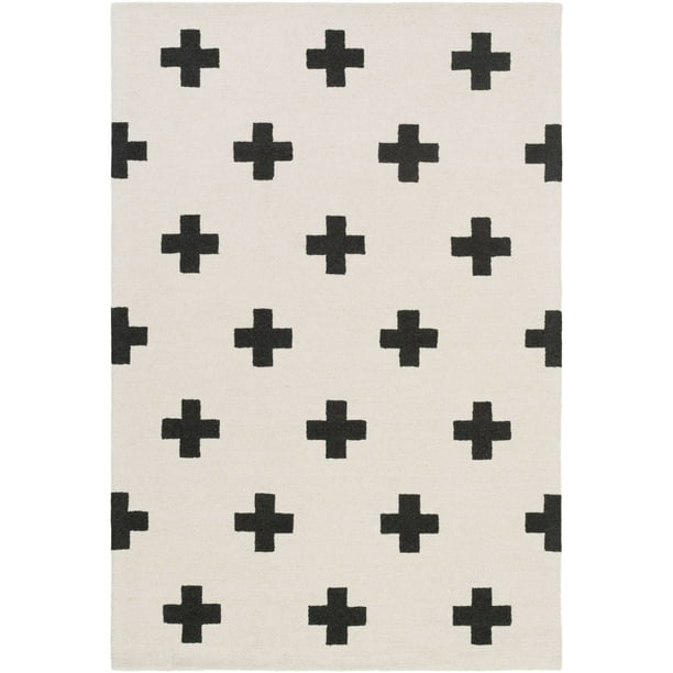 7'6” x 9’6” Swiss Cross Patterned Cream and Black Hand Tufted Wool Area