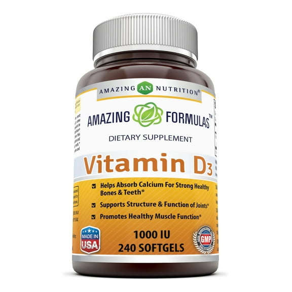 Amazing Nutrition Amazing Formulas Vitamin D3- 1,000 IU, 240 Softgels- Important Vitamin For Optimal Body Function- Supports Bone Health, Cardiovascular Health, Kidney Function and Over-all Well-being