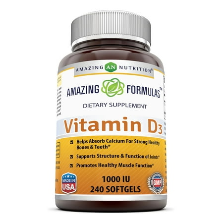 Amazing Nutrition Amazing Formulas Vitamin D3- 1,000 IU, 240 Softgels- Important Vitamin For Optimal Body Function- Supports Bone Health, Cardiovascular Health, Kidney Function and Over-all
