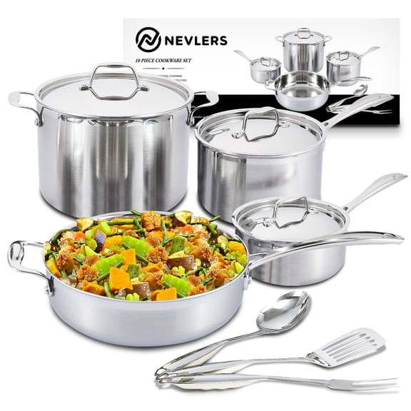 Nevlers 10-Piece Pots & Pans Set | Premium Grade Stainless Steel Cookware Set   Cooking Utensils | Dishwasher Safe | Induction Compatible