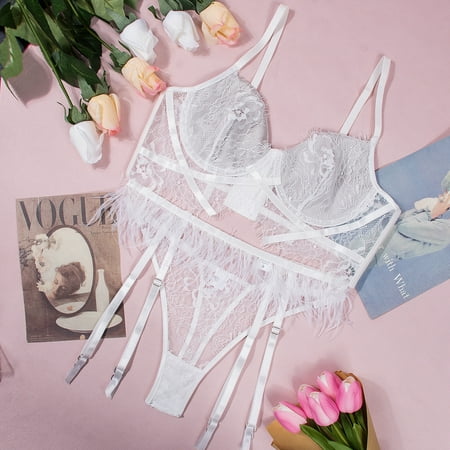 Generic Popular Sexy Push up Bra Lace Feather Sexy Lingerie Three-Piece Set